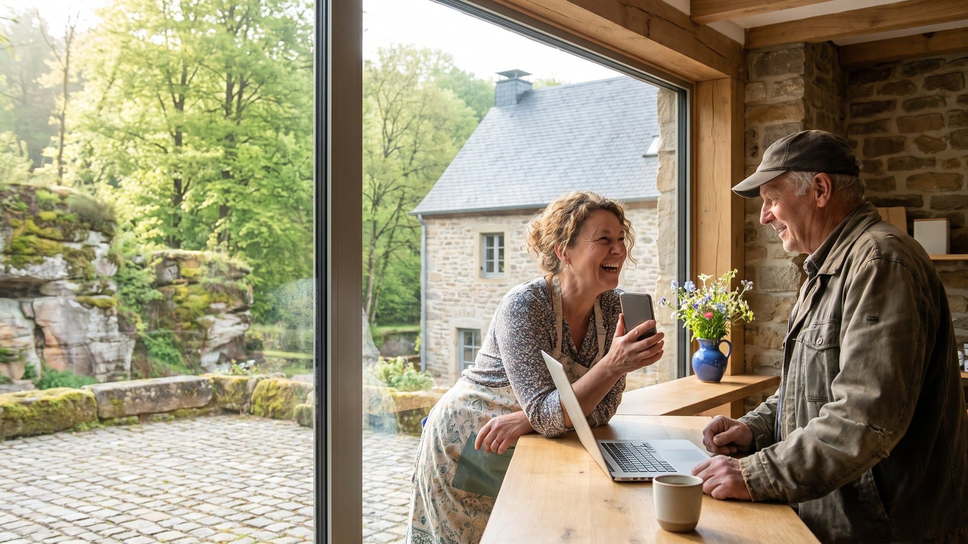 Un commerçant qui utilise son smartphone en discutant avec un client