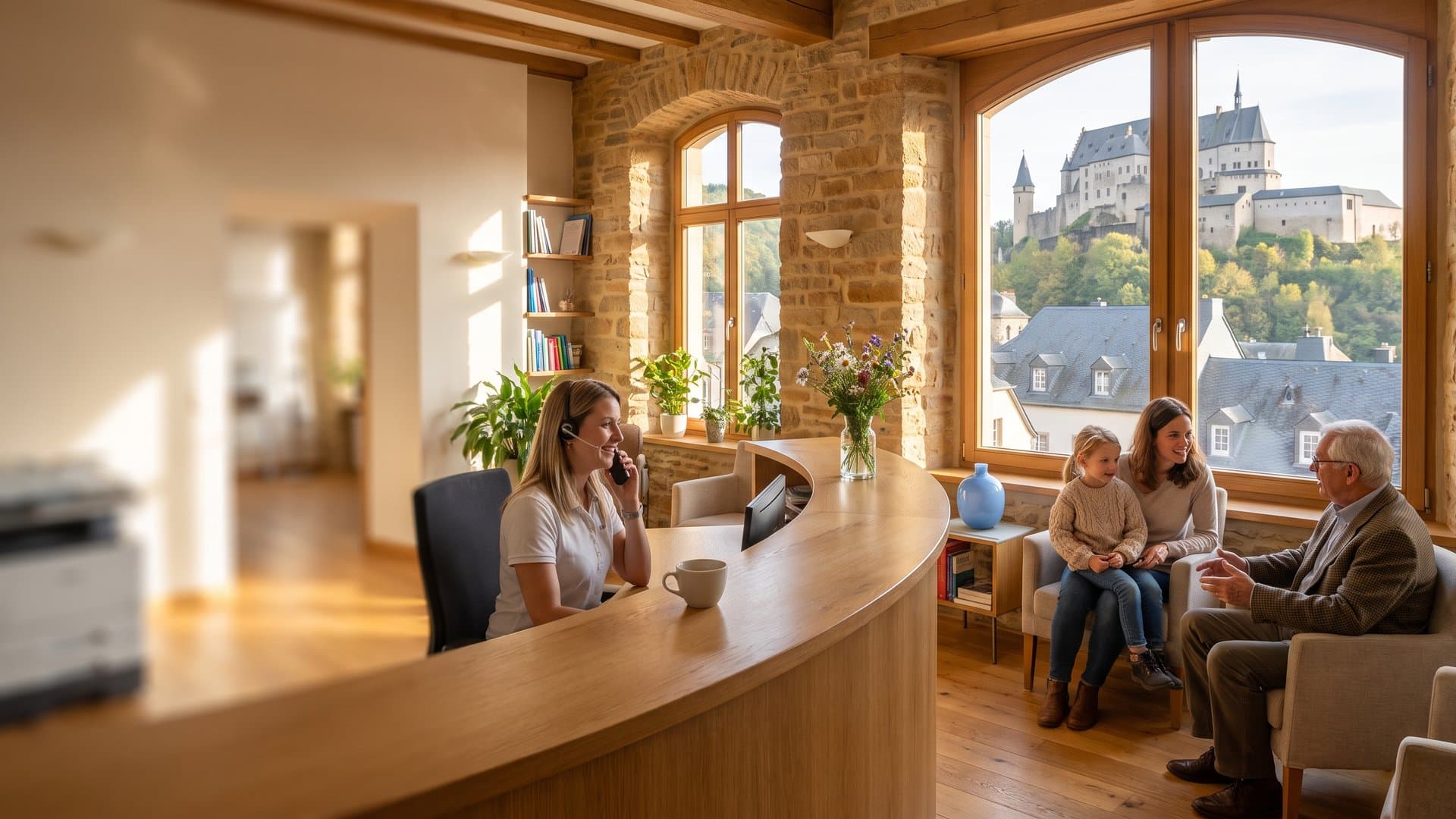 Une réceptionniste souriante au téléphone dans un cabinet dentaire de Vianden, une maman, sa fille et un monsieur âgé discutent dans la salle d'attente, par la fenêtre le château de Vianden au-dessus des toits d'ardoise