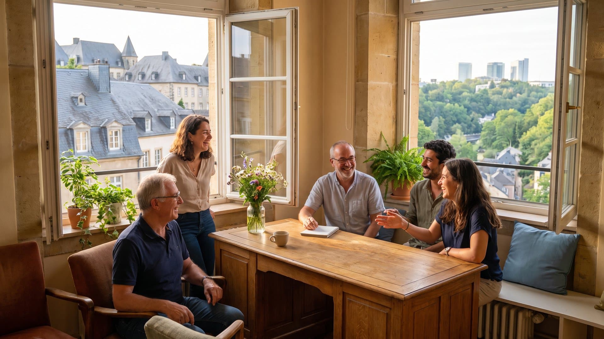 Une petite équipe qui rit ensemble dans un bureau lumineux