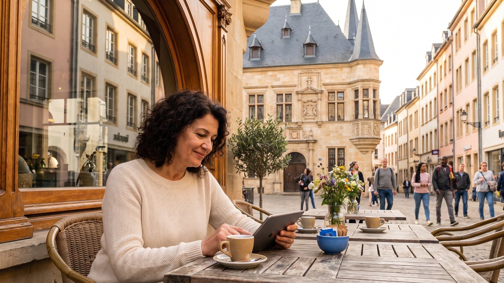 Une entrepreneuse qui compare deux options sur une tablette en terrasse