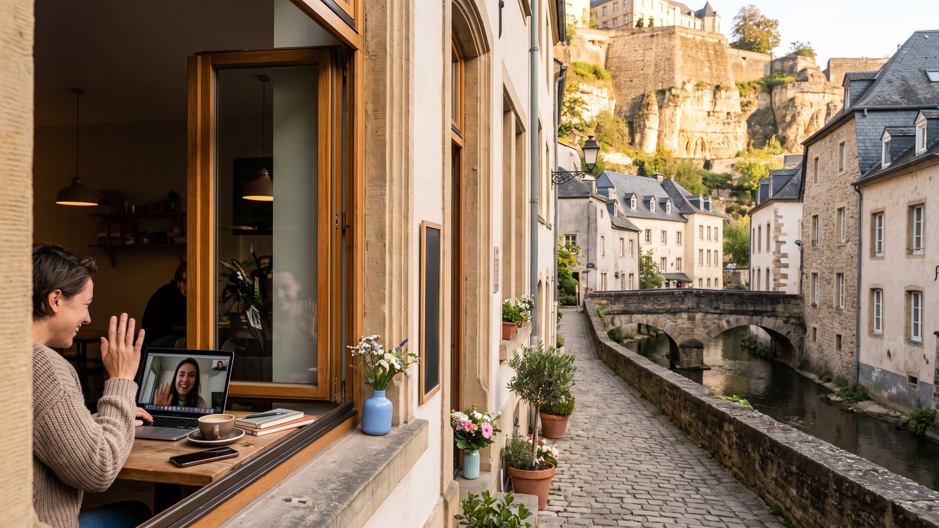 Une table près de la fenêtre avec un ordinateur, un téléphone et un café