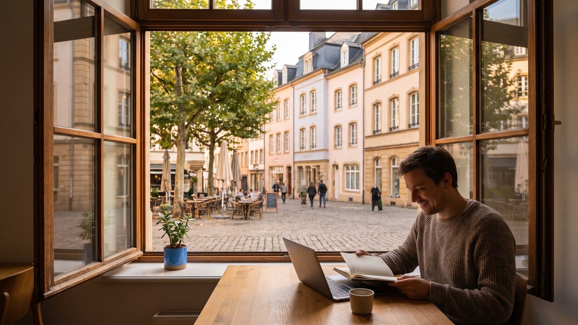 Un bureau calme devant une grande fenêtre