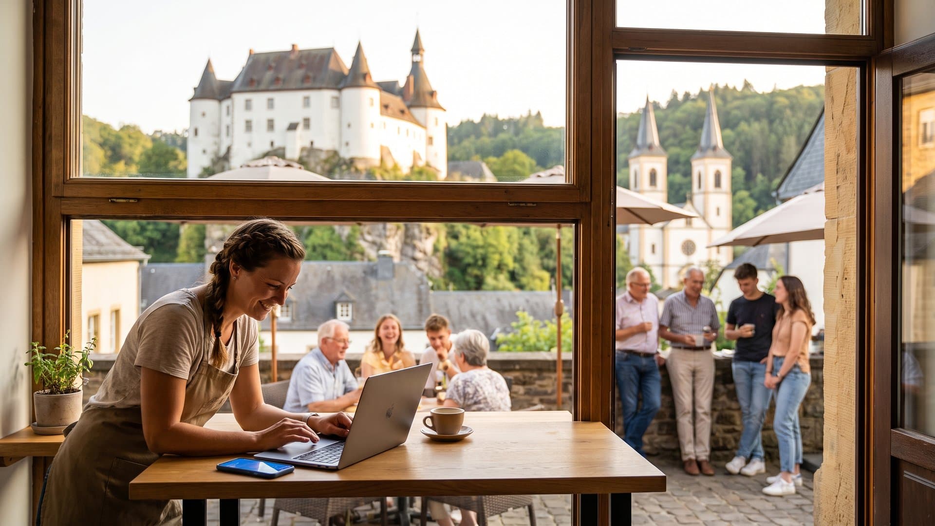 Une patronne de café qui configure son ordinateur pendant que son téléphone s'allume