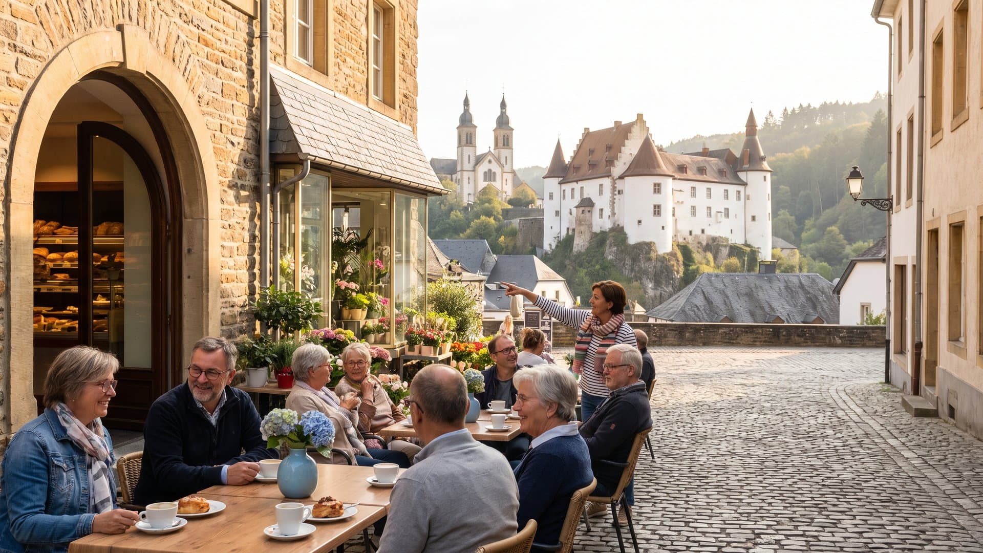 Une rue commerçante luxembourgeoise au soleil couchant
