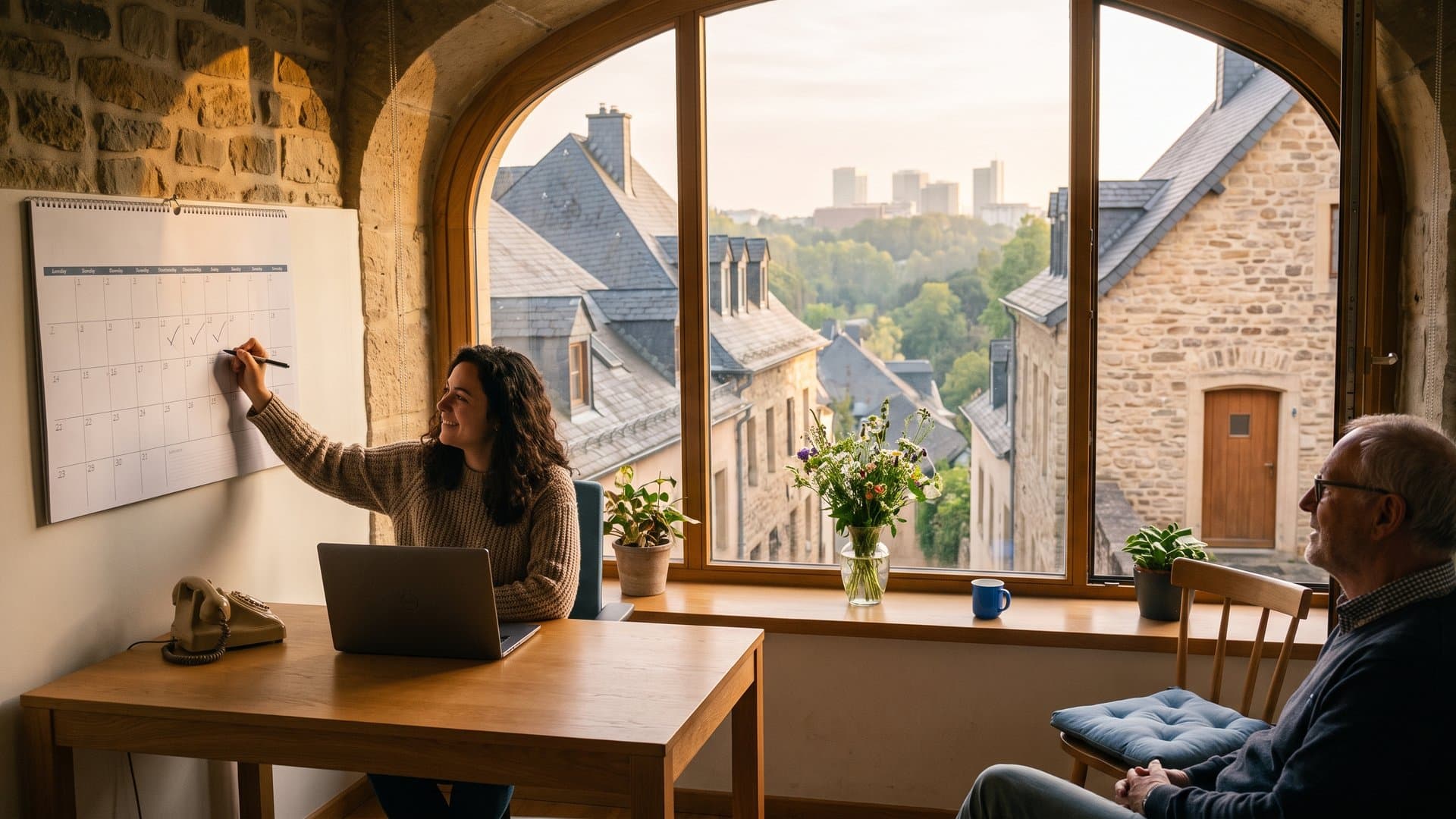 Un petit bureau bien rangé avec ordinateur, calendrier et téléphone