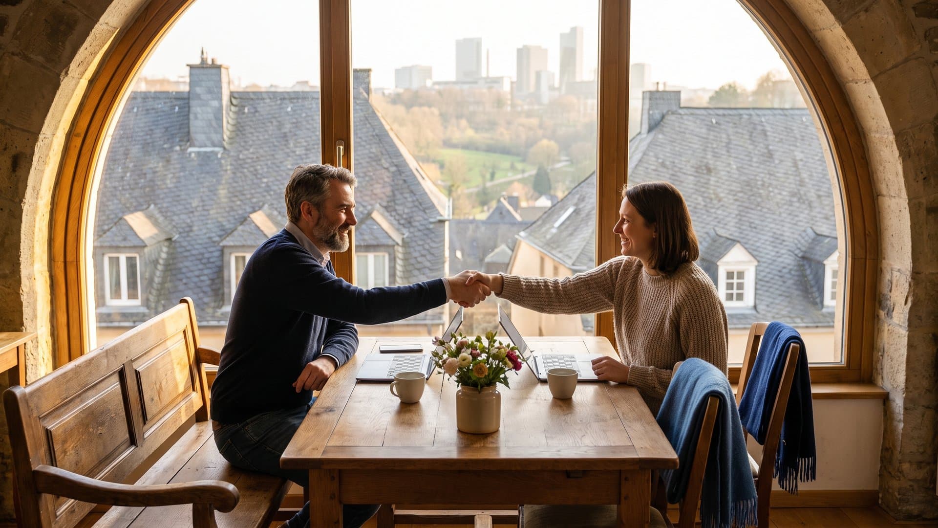 Deux entrepreneurs qui se serrent la main autour d'un café