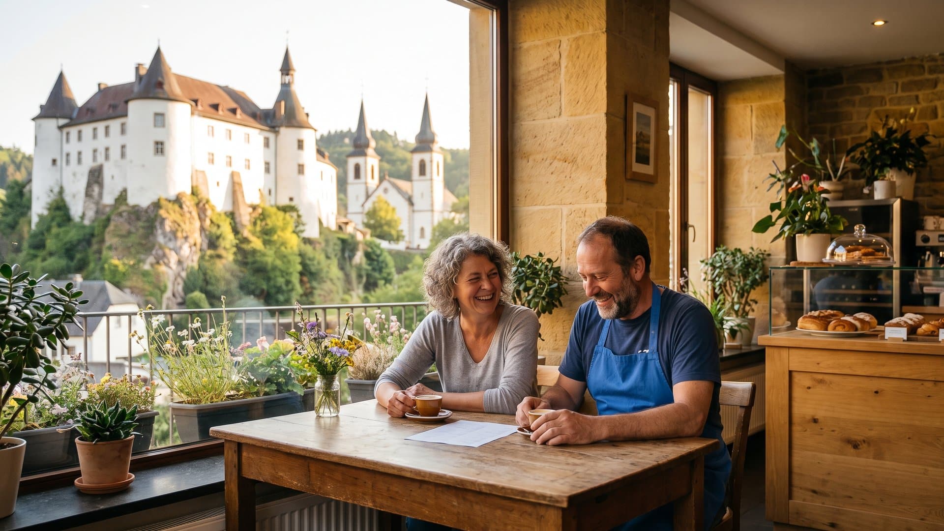 Un couple de boulangers qui regarde un forfait simple autour d'un café