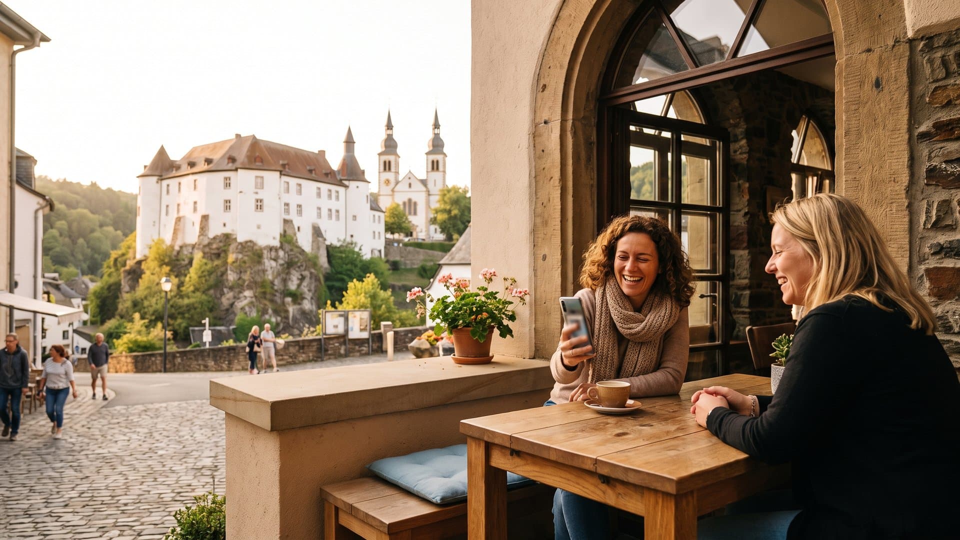Deux commerçantes qui discutent autour d'un café en terrasse